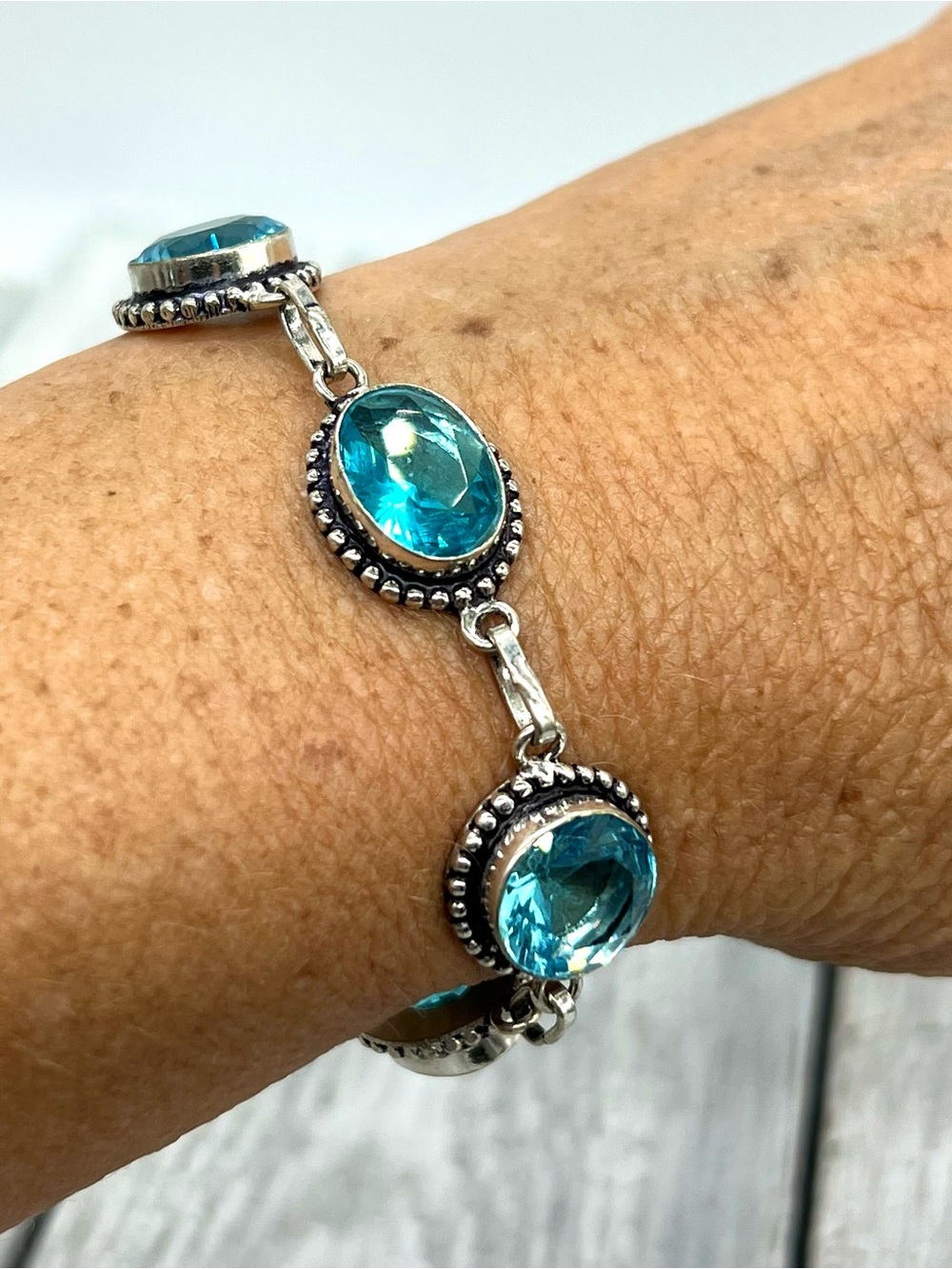 346. Blue Topaz Sterling 925 Link Bracelet - 7” to 7 3/4” - Picture 5 of 9